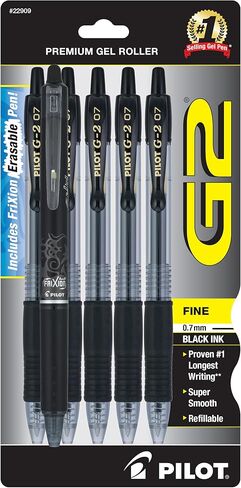 Pilot G2 + FriXion Clicker Companion Pack, 0.7mm Fine Point, Black Ink, Premium Gel Roller 6 Pack - for School, Office and Business Use in Kuwait