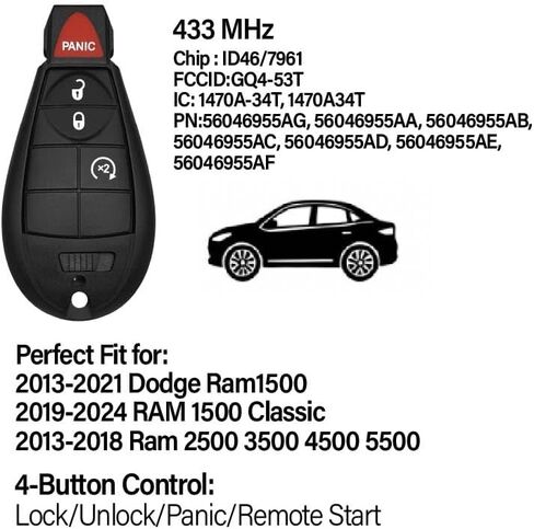 2 Keylessbest Replacement for 2013 2014 2015 2016 2017 2018 2019 2020 2021 2022 2023 2024 Dodge Ram 1500 Classic RAM 2500 3500 4500 5500 Key Fob Remote Control GQ4-53T 4 Buttons 433MHz in Kuwait