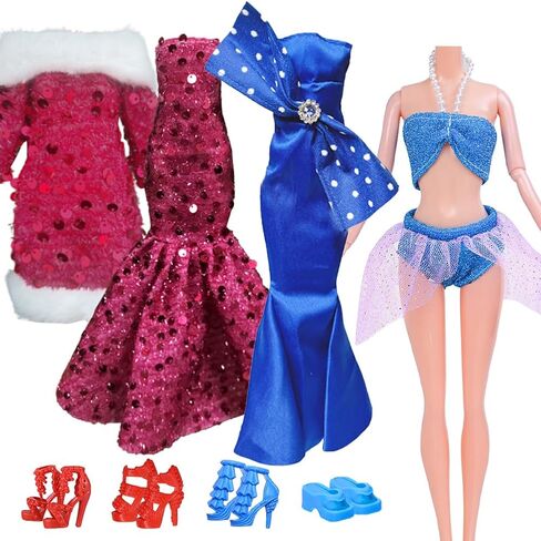8 Pcs Doll Dress & Shoe Bundle - 4 Sparkly Party Dresses + 4 Shoe Pairs | 11.5" Fashion Doll Gift Set (Blue-Red) in Saudi Arabia