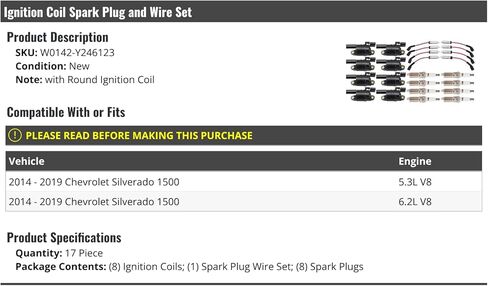 Ignition Coil Spark Plug and Wire Set - 17 Piece - Compatible with 2014-2019 Chevy Silverado 1500 5.3L 6.2L V8 (with Round Ignition Coil) in Kuwait