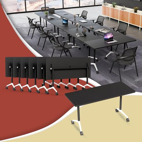 Modular Conference Room Table,8 Pcs Folding Conference Table with Silent Wheels,Modern Stackable Conference Table Mobile Seminar Meeting Tables for Office,Training Classroom (White 47in) in Saudi Arabia