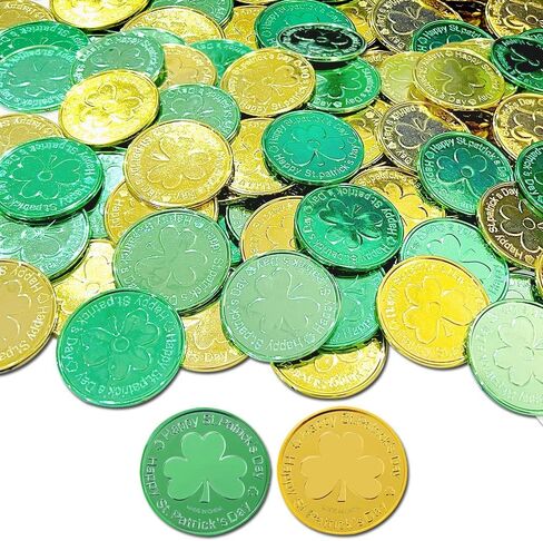 St. Patrick's Day Shamrock Gold Coins, 100 Pcs Gold Green Lucky Coins 3-Leaf Clover Plastic Shamrock Leprechaun Coins for St. Patrick's Day Irish Themed Party Decorations in Saudi Arabia