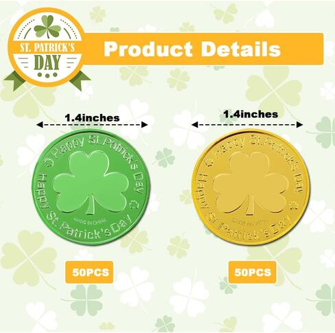 St. Patrick's Day Shamrock Gold Coins, 100 Pcs Gold Green Lucky Coins 3-Leaf Clover Plastic Shamrock Leprechaun Coins for St. Patrick's Day Irish Themed Party Decorations in Saudi Arabia