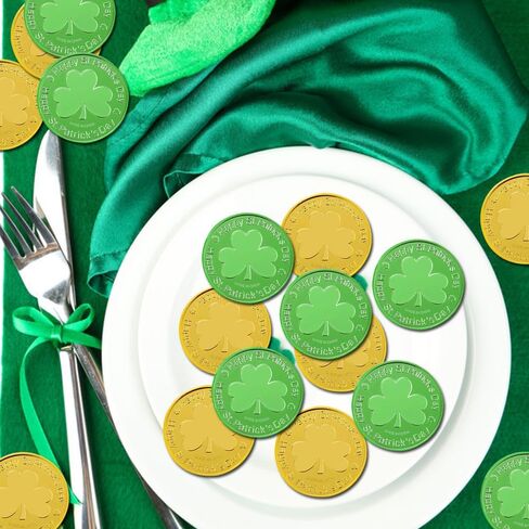 St. Patrick's Day Shamrock Gold Coins, 100 Pcs Gold Green Lucky Coins 3-Leaf Clover Plastic Shamrock Leprechaun Coins for St. Patrick's Day Irish Themed Party Decorations in Saudi Arabia
