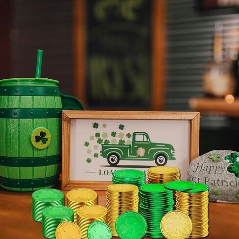St. Patrick's Day Shamrock Gold Coins, 100 Pcs Gold Green Lucky Coins 3-Leaf Clover Plastic Shamrock Leprechaun Coins for St. Patrick's Day Irish Themed Party Decorations in Saudi Arabia