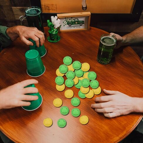 St. Patrick's Day Shamrock Gold Coins, 100 Pcs Gold Green Lucky Coins 3-Leaf Clover Plastic Shamrock Leprechaun Coins for St. Patrick's Day Irish Themed Party Decorations in Saudi Arabia