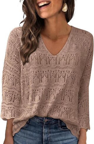 UNCLECAT Womens Crochet Cover Up Top Summer 3/4 Sleeve Off Shoulder Sweater Shirts Mesh Boho Beach Swimsuit Coverup in Saudi Arabia