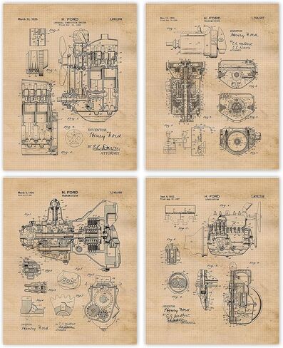 Vintage Ford Engine Components Patent Prints, 4 (8x10) Unframed Photos, Wall Art Decor Gifts for Home Office Gears Garage Shop Technical School College Student Teacher Coach Motorsports GT Team Racing in Saudi Arabia