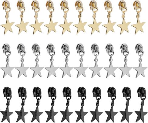 30PCS Zinc Alloy Five-pointed Star Zipper Pull #5(5-7mm) for Slider Craft Making Nylon Zippers Handmade Bag, Golden & Gun-black & Sliver in Saudi Arabia