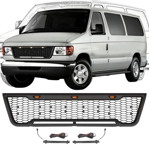 Front Grille Compatible with 2003-2007 Econoline E-150 E-250 E-350, Direct Aftermarket Replacement Grill ABS Front Grille with 3 LED Lights, Light Bar and Letters, Matte Black in Saudi Arabia