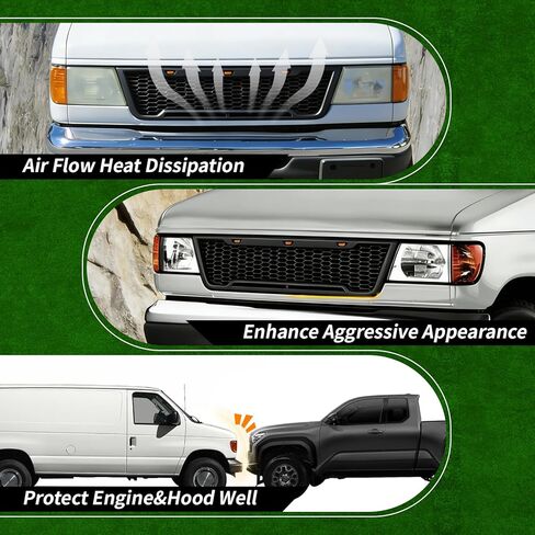 Front Grille Compatible with 2003-2007 Econoline E-150 E-250 E-350, Direct Aftermarket Replacement Grill ABS Front Grille with 3 LED Lights, Light Bar and Letters, Matte Black in Kuwait