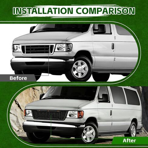 Front Grille Compatible with 2003-2007 Econoline E-150 E-250 E-350, Direct Aftermarket Replacement Grill ABS Front Grille with 3 LED Lights, Light Bar and Letters, Matte Black in Saudi Arabia