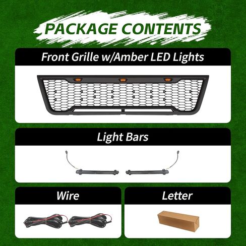 Front Grille Compatible with 2003-2007 Econoline E-150 E-250 E-350, Direct Aftermarket Replacement Grill ABS Front Grille with 3 LED Lights, Light Bar and Letters, Matte Black in Saudi Arabia