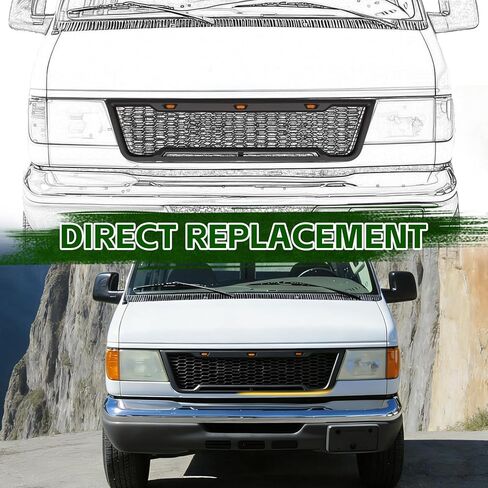 Front Grille Compatible with 2003-2007 Econoline E-150 E-250 E-350, Direct Aftermarket Replacement Grill ABS Front Grille with 3 LED Lights, Light Bar and Letters, Matte Black in Kuwait