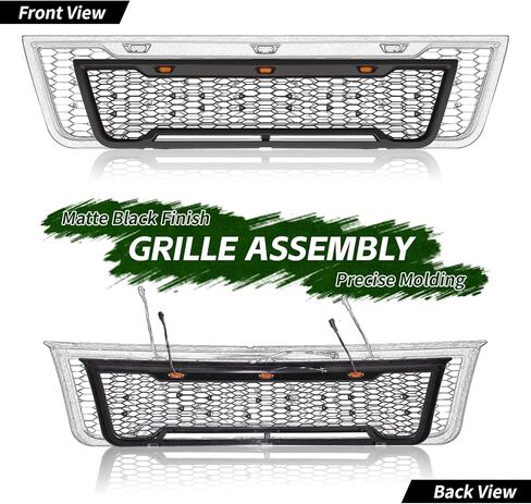 Front Grille Compatible with 2003-2007 Econoline E-150 E-250 E-350, Direct Aftermarket Replacement Grill ABS Front Grille with 3 LED Lights, Light Bar and Letters, Matte Black in Saudi Arabia