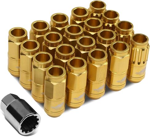 J2 Engineering 16Pcs 7075 Aluminum Open End M12 x 1.5 Lug Nuts w/4Pcs Lock Nuts & Key, Golden, Fit Conical Seat, LN-T7-002-15-GD in Kuwait