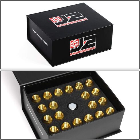 J2 Engineering 16Pcs 7075 Aluminum Open End M12 x 1.5 Lug Nuts w/4Pcs Lock Nuts & Key, Golden, Fit Conical Seat, LN-T7-002-15-GD in Kuwait