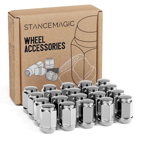 StanceMagic 20pcs 1/2-20 Lug Nuts Bulge Closed End - Cone Acorn Seat, 3/4" 19mm Hex - Compatible with Ford Mustang Explorer Ranger F100 F150 Econoline Dodge Ram 1500 - Chrome Silver, 1.4in Length in Kuwait