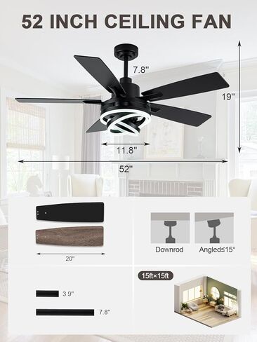 Bella Depot 52" Modern Black Ceiling Fan with Light and Remote, Chandelier Fan Light for Living Room Bedroom Office Indoor Patio in Saudi Arabia