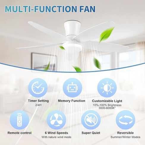 Yoobao 42 Inch Ceiling Fans with Lights, Multi-function Ceiling Fan with Lights and Remote, DC Reversible 6 Speeds 3 CCT, Low Profile Flush Mount Quiet Ceiling Fan for Bedroom Kitchen Office Patio in Saudi Arabia