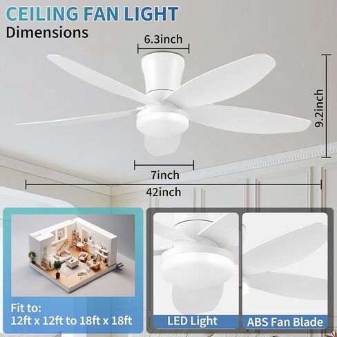 Yoobao 42 Inch Ceiling Fans with Lights, Multi-function Ceiling Fan with Lights and Remote, DC Reversible 6 Speeds 3 CCT, Low Profile Flush Mount Quiet Ceiling Fan for Bedroom Kitchen Office Patio in Saudi Arabia