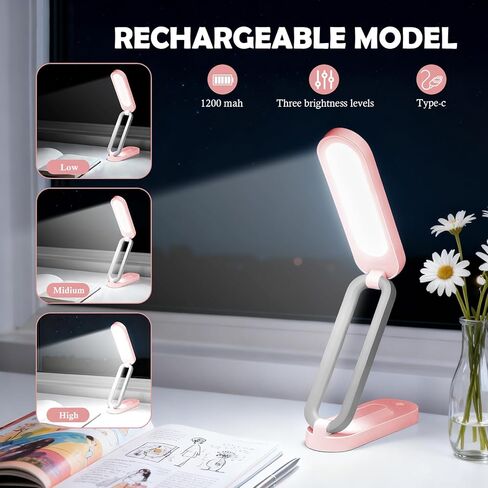 Rechargeable LED Desk Lamp, Foldable Portable Table Light with 3 Brightness Levels,Type-C USB Charging,Small Desk Lamp,Portable Bedside Wireless Reading Light,Home, Office, Nail Art,Craft,Pink in Saudi Arabia