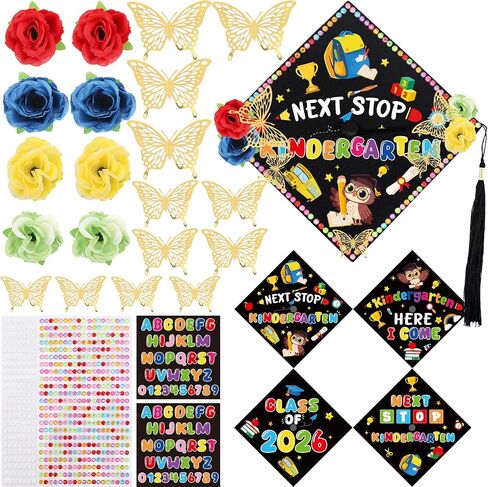 Preschool Grade Graduation Cap Decorations, 28 Pcs Pre-K DIY Grad Cap Graduation Gifts with Artificial Flower Rhinestones Stickers 3D Butterfly for Kids 2026 Kindergarten School Grad Party Supplies in Saudi Arabia