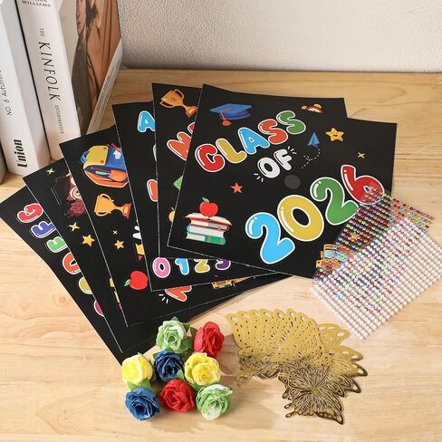 Preschool Grade Graduation Cap Decorations, 28 Pcs Pre-K DIY Grad Cap Graduation Gifts with Artificial Flower Rhinestones Stickers 3D Butterfly for Kids 2026 Kindergarten School Grad Party Supplies in Saudi Arabia
