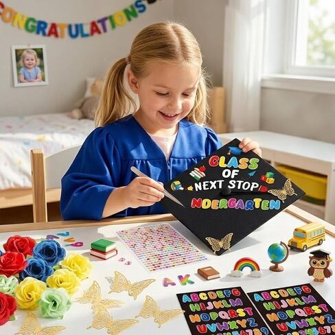 Preschool Grade Graduation Cap Decorations, 28 Pcs Pre-K DIY Grad Cap Graduation Gifts with Artificial Flower Rhinestones Stickers 3D Butterfly for Kids 2026 Kindergarten School Grad Party Supplies in Kuwait