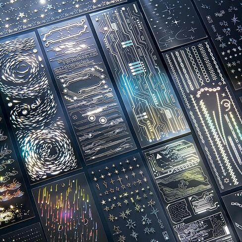 12Sheets Holographic Laser Silver PET Scrapbook Stickers Laser Rain Landscape Star Chain Punk Chip Circuit Korean Sticker Glitter Photocard Deco Stickers For Planner Junk Journal Scrapbooking Supplies in Saudi Arabia
