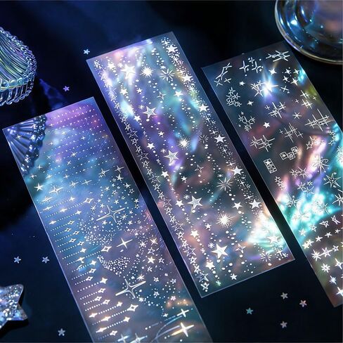 12Sheets Holographic Laser Silver PET Scrapbook Stickers Laser Rain Landscape Star Chain Punk Chip Circuit Korean Sticker Glitter Photocard Deco Stickers For Planner Junk Journal Scrapbooking Supplies in Saudi Arabia