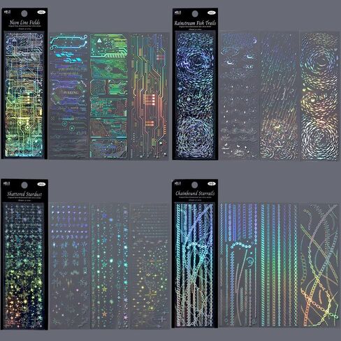 12Sheets Holographic Laser Silver PET Scrapbook Stickers Laser Rain Landscape Star Chain Punk Chip Circuit Korean Sticker Glitter Photocard Deco Stickers For Planner Junk Journal Scrapbooking Supplies in Saudi Arabia