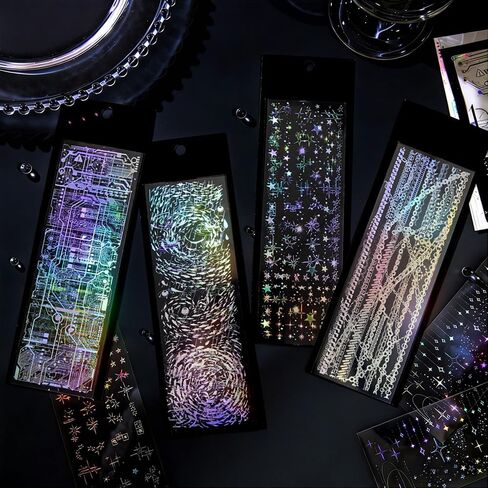 12Sheets Holographic Laser Silver PET Scrapbook Stickers Laser Rain Landscape Star Chain Punk Chip Circuit Korean Sticker Glitter Photocard Deco Stickers For Planner Junk Journal Scrapbooking Supplies in Saudi Arabia