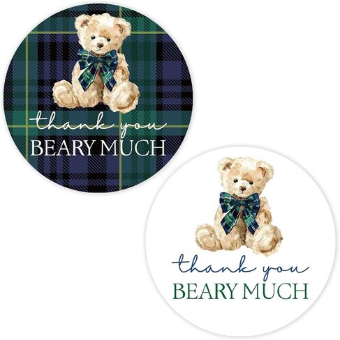 Whaline 120Pcs Blue Green Tartan Plaid Bear Baby Shower Stickers 2 Inch Bear Round Adhesive Thank You Label Decals for Birthday Gender Reveal Party Favor Decor, 2 Designs in Kuwait