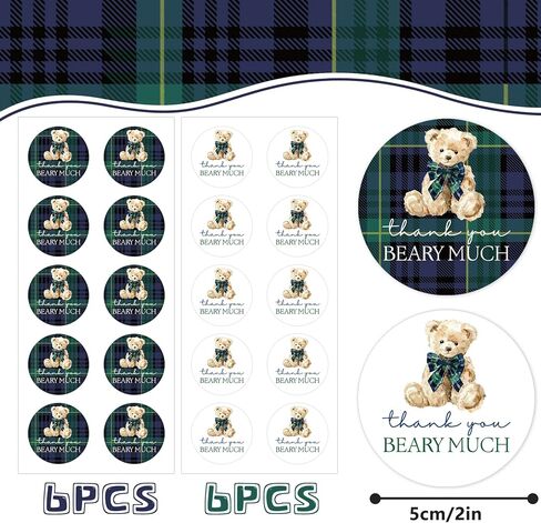 Whaline 120Pcs Blue Green Tartan Plaid Bear Baby Shower Stickers 2 Inch Bear Round Adhesive Thank You Label Decals for Birthday Gender Reveal Party Favor Decor, 2 Designs in Kuwait