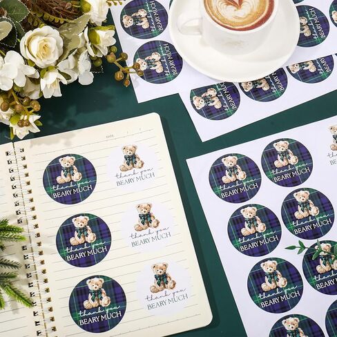 Whaline 120Pcs Blue Green Tartan Plaid Bear Baby Shower Stickers 2 Inch Bear Round Adhesive Thank You Label Decals for Birthday Gender Reveal Party Favor Decor, 2 Designs in Kuwait