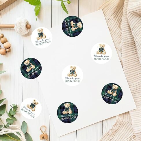 Whaline 120Pcs Blue Green Tartan Plaid Bear Baby Shower Stickers 2 Inch Bear Round Adhesive Thank You Label Decals for Birthday Gender Reveal Party Favor Decor, 2 Designs in Kuwait