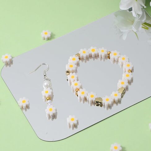 Mabor 200Pcs Daisy Beads, Handmade White Daisy Flower Beads Flat Small Flower Loose Spacer Bead for Women Bracelets Necklace Earrings DIY Craft Jewelry Making in Kuwait
