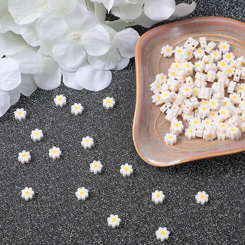 Mabor 200Pcs Daisy Beads, Handmade White Daisy Flower Beads Flat Small Flower Loose Spacer Bead for Women Bracelets Necklace Earrings DIY Craft Jewelry Making in Kuwait