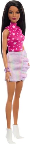 Barbie Fashionistas Doll #215 with Black Straight Hair, Pink Star-Print Top & Iridescent Skirt, 65th Anniversary Collectible Toy in Kuwait