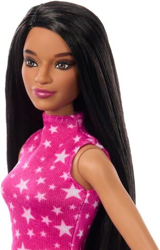 Barbie Fashionistas Doll #215 with Black Straight Hair, Pink Star-Print Top & Iridescent Skirt, 65th Anniversary Collectible Toy in Kuwait