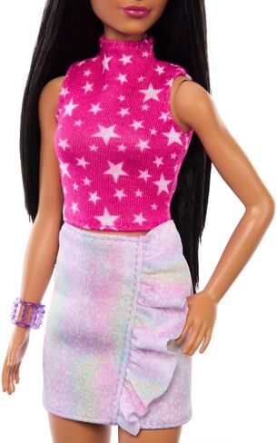 Barbie Fashionistas Doll #215 with Black Straight Hair, Pink Star-Print Top & Iridescent Skirt, 65th Anniversary Collectible Toy in Kuwait