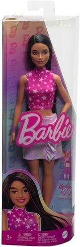 Barbie Fashionistas Doll #215 with Black Straight Hair, Pink Star-Print Top & Iridescent Skirt, 65th Anniversary Collectible Toy in Kuwait