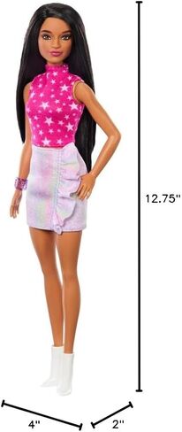 Barbie Fashionistas Doll #215 with Black Straight Hair, Pink Star-Print Top & Iridescent Skirt, 65th Anniversary Collectible Toy in Kuwait