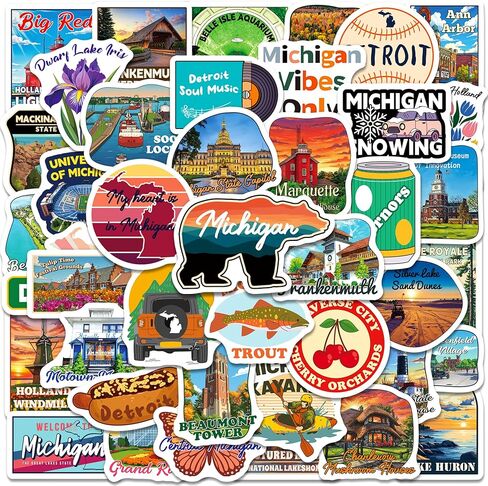 200 PCS Michigan Stickers, Michigan Travel Sticker Pack with 100 Designs, Waterproof Vinyl Vacation Decals for Laptop Water Bottle Travel Journal Party Favors in Saudi Arabia