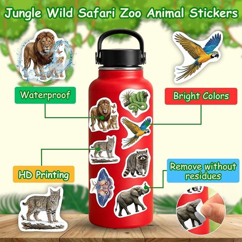 100 Pcs Jungle Safari Zoo Animal Stickers for Kids, Waterproof Vinyl Stickers for Water Bottles, Laptops, Scrapbooks, Jungle Party Favors in Saudi Arabia