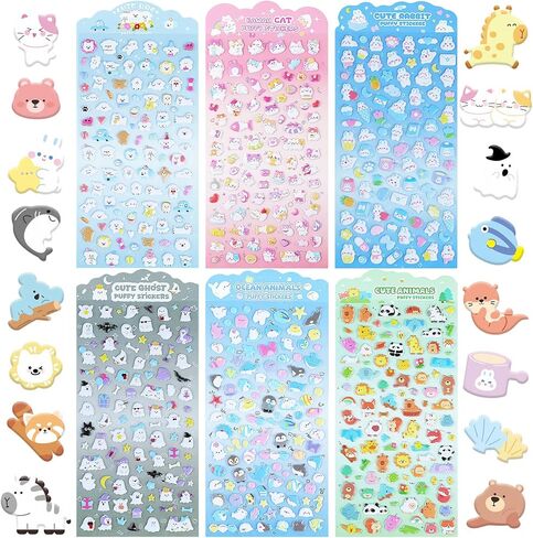 600+Mini 3D Puffy Stickers,6Sheets Cute Cartoon Foam Stickers Bulk,Tiny Animal Ocean Cat Dog Rabbit Ghost Self Adhesive Samll Sticker for Water Bottle Scrapbooking DIY Arts Craft Notebook Reward Gifts in Saudi Arabia