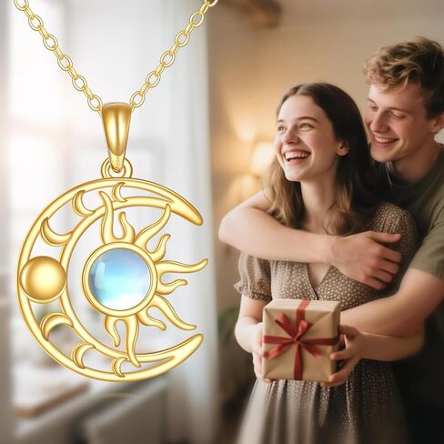 DOVRAN 14K Solid Gold Sun and Moon Necklace Moonstone/Turquoise Pendant Phase Moon Jewelry Gifts for Women Men in Saudi Arabia