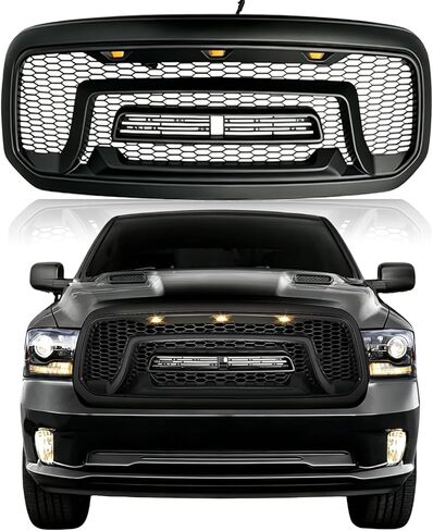 Front Bumper Upper Grille Compatible with 2013-2018 Dodge Ram 1500, 2019-2023 Ram 1500 Classic, Matte Black ABS Replacement Radiator Grill w/Off-Road Lights in Saudi Arabia