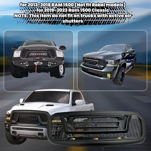 Front Bumper Upper Grille Compatible with 2013-2018 Dodge Ram 1500, 2019-2023 Ram 1500 Classic, Matte Black ABS Replacement Radiator Grill w/Off-Road Lights in Saudi Arabia